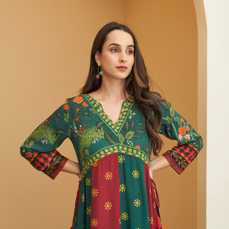Green & Maroon V Neck Flared Dress