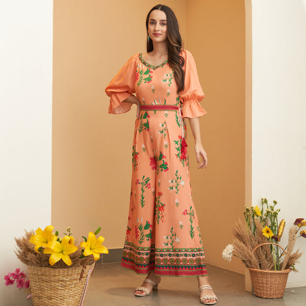 Peach Floral Jumpsuit with Belt