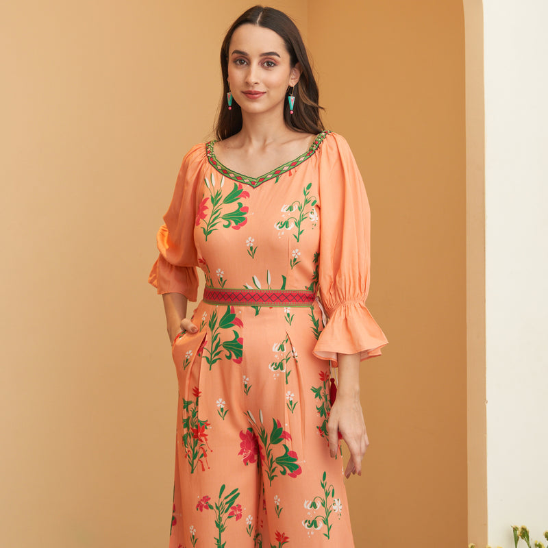 Peach Floral Jumpsuit with Belt