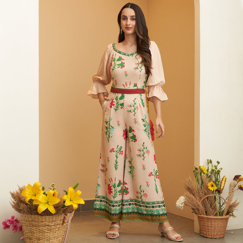 Cream Floral Jumpsuit with Belt