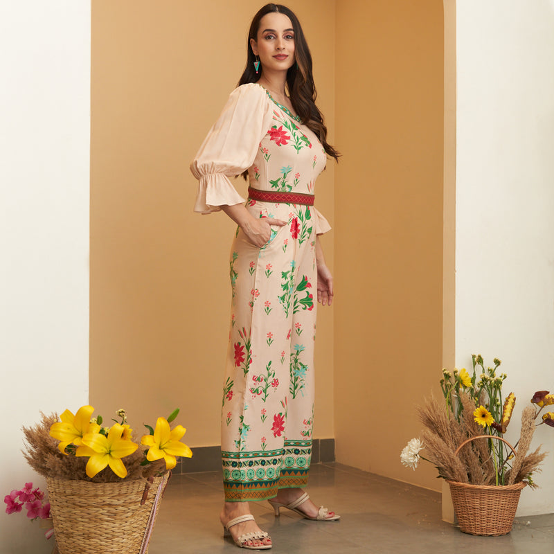 Cream Floral Jumpsuit with Belt