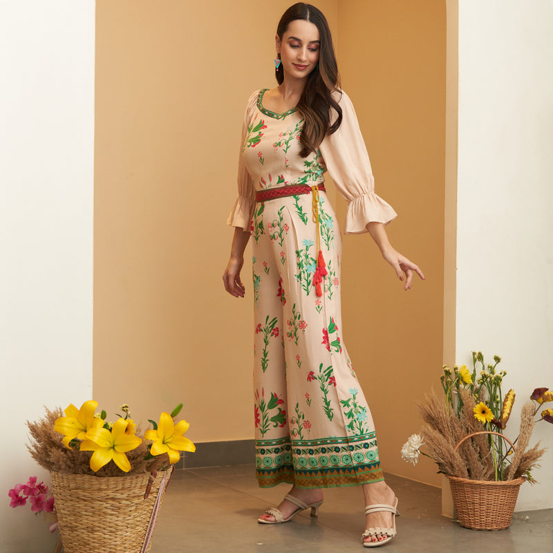 Cream Floral Jumpsuit with Belt
