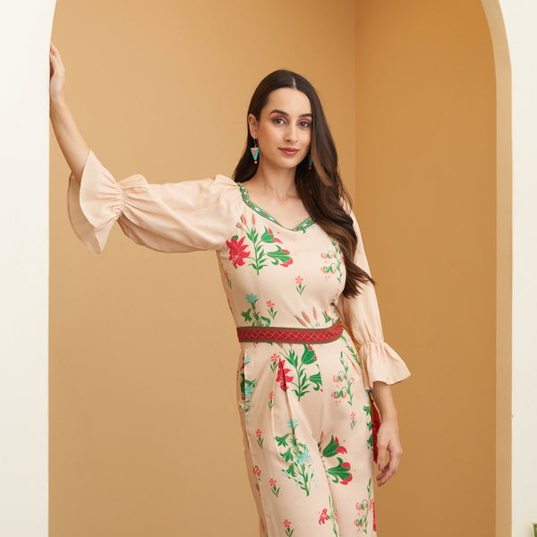 Cream Floral Jumpsuit with Belt