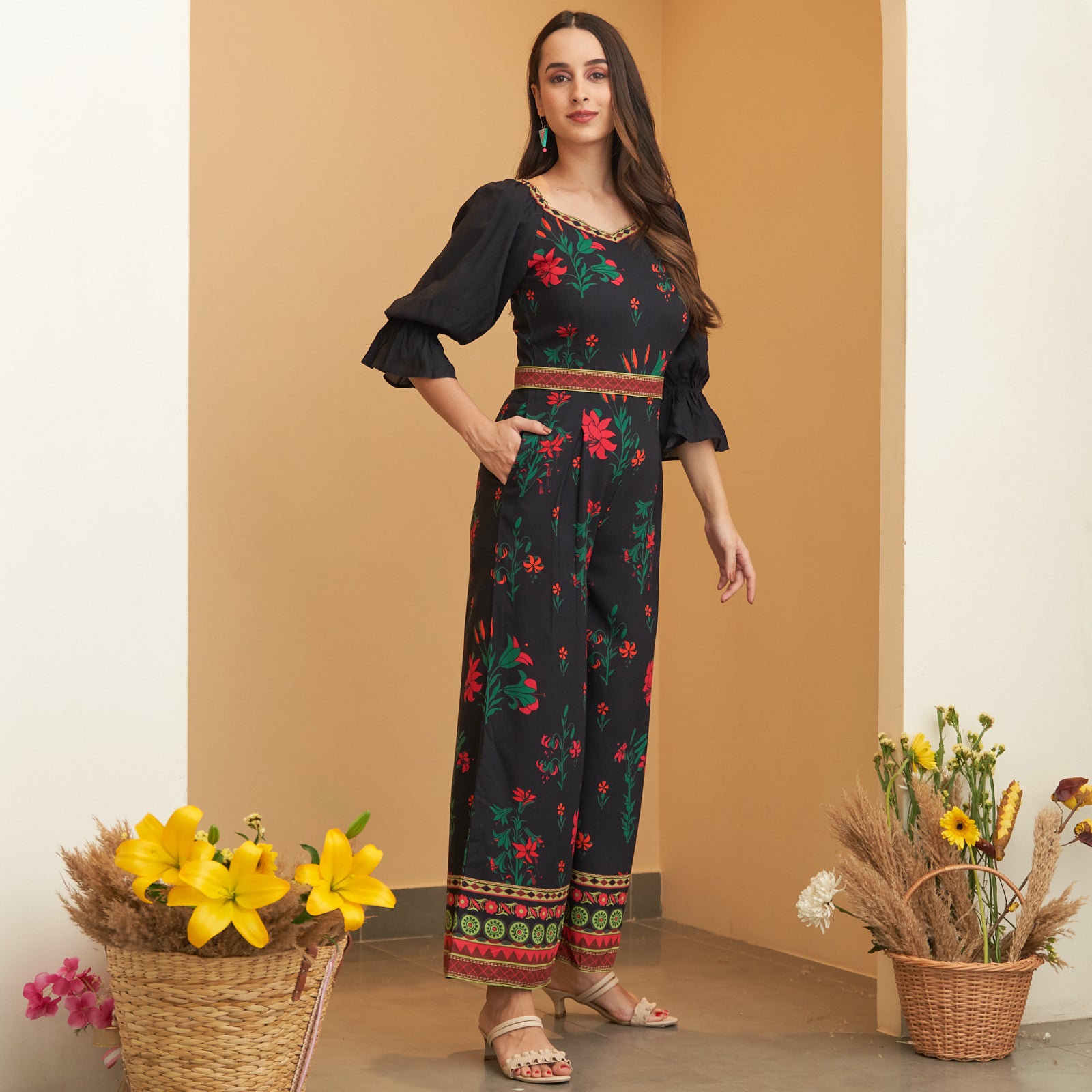 Black Floral Print Jumpsuit