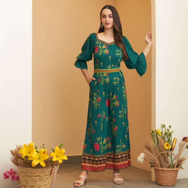Turquoise Floral Jumpsuit with Belt