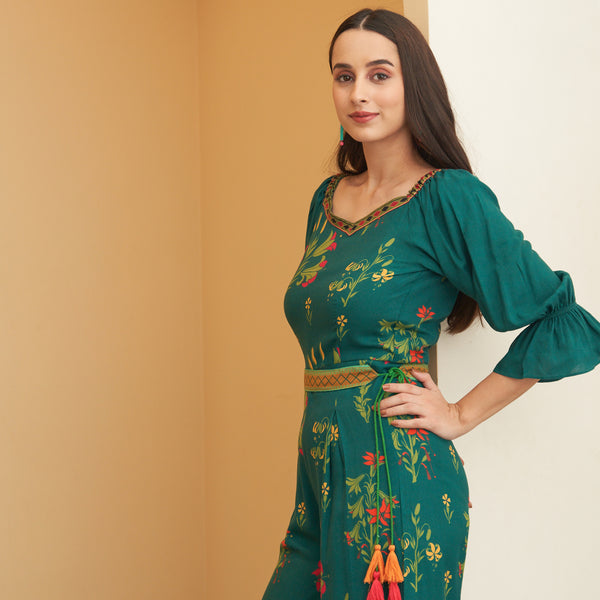 Turquoise Floral Jumpsuit with Belt