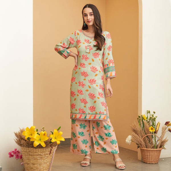 Mint Green Pink Lotus Print Kurta Pant Set