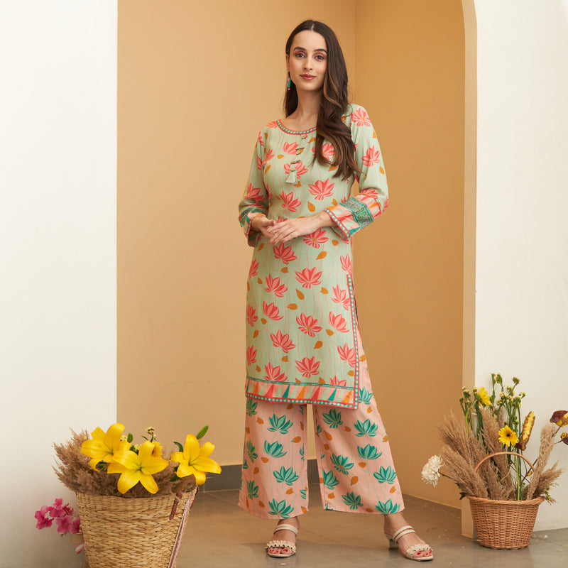 Mint Green Pink Lotus Print Kurta Pant Set