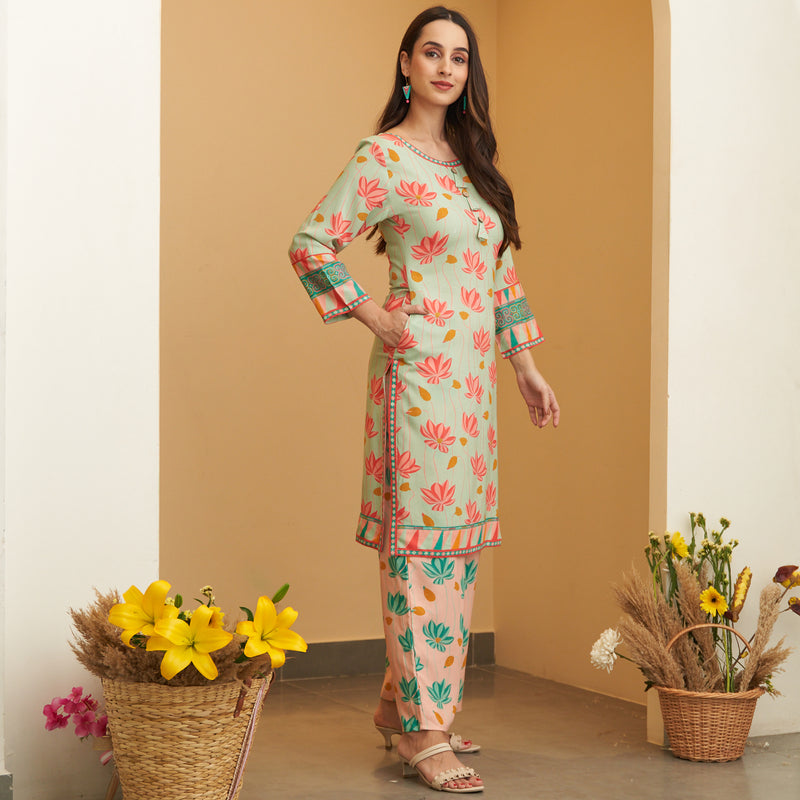 Mint Green Pink Lotus Print Kurta Pant Set