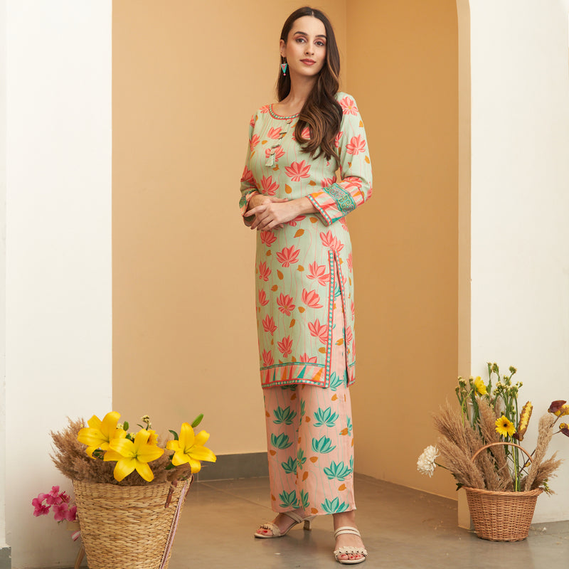 Mint Green Pink Lotus Print Kurta Pant Set