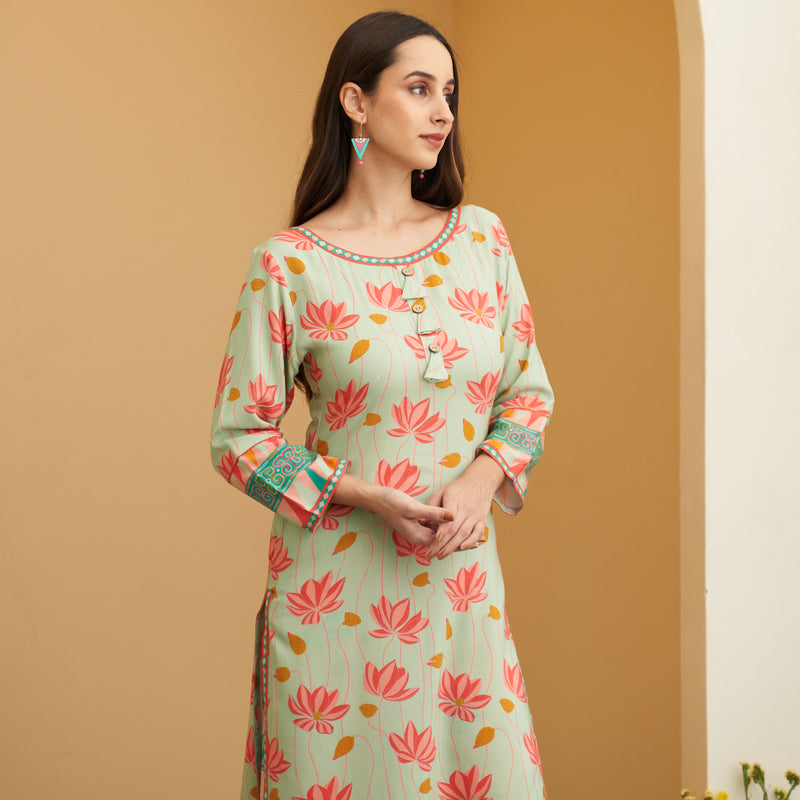 Mint Green Pink Lotus Print Kurta Pant Set