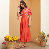 Orange Box Pleated V Neck Dress