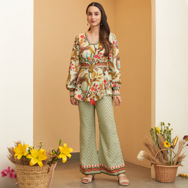 Mint Green Balloon Sleeves Top and Pants Set with Belt
