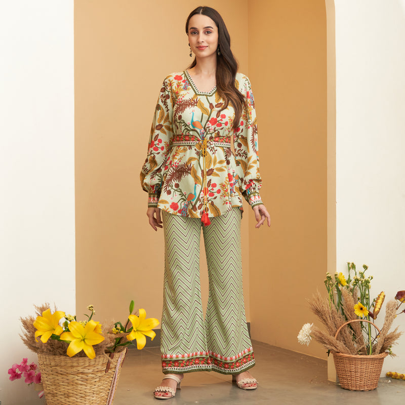 Mint Green Balloon Sleeves Top and Pants Set with Belt