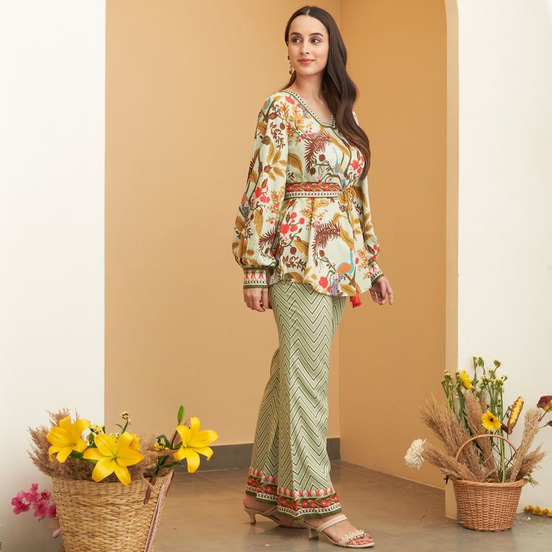 Mint Green Balloon Sleeves Top and Pants Set with Belt