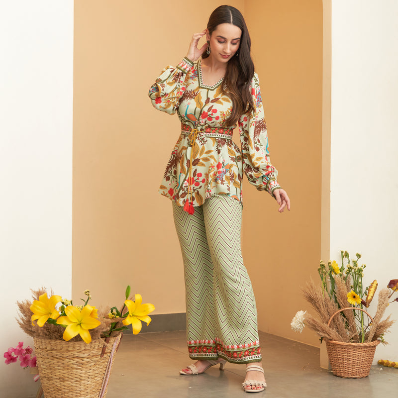 Mint Green Balloon Sleeves Top and Pants Set with Belt
