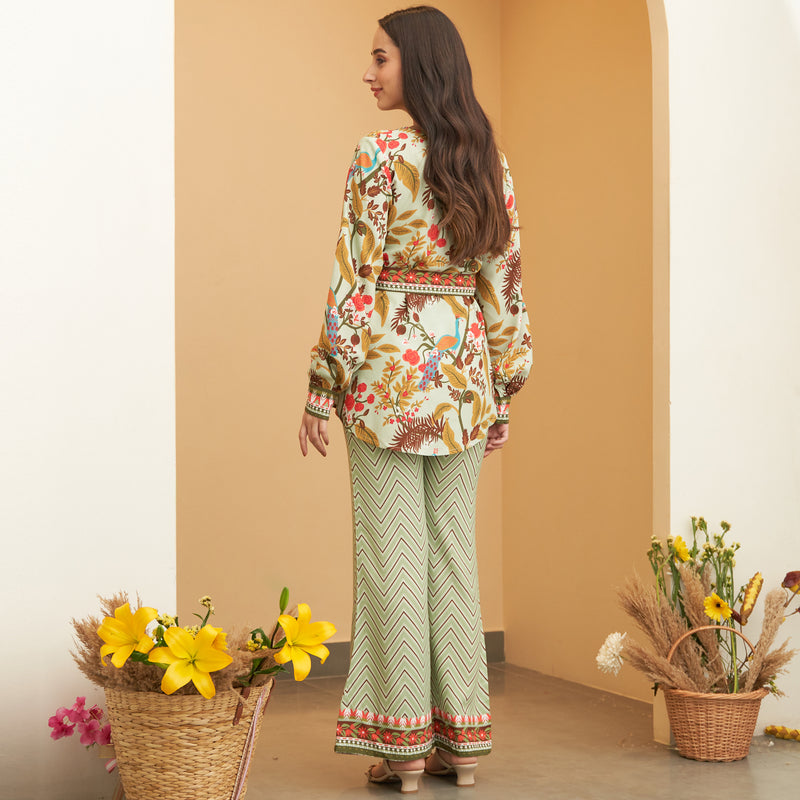 Mint Green Balloon Sleeves Top and Pants Set with Belt