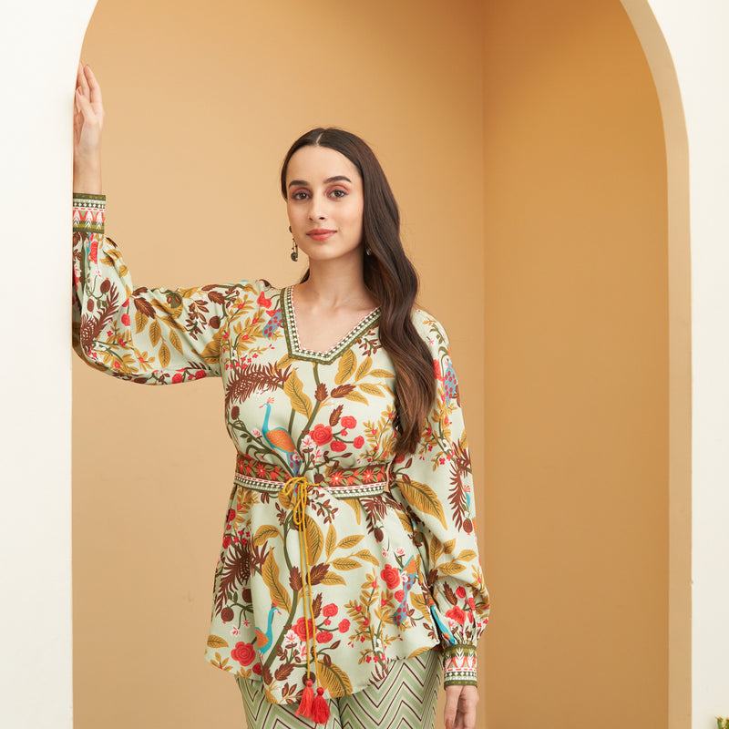 Mint Green Balloon Sleeves Top and Pants Set with Belt