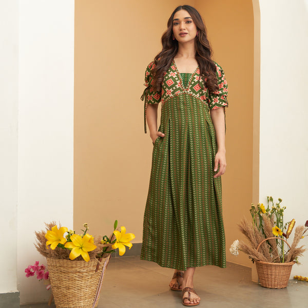 Mehandi Green Box Pleated V Neck Dress