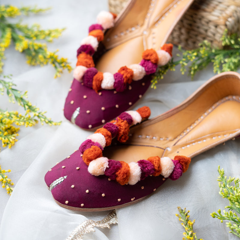 Maroon Pompom Jutti with Knot Detailing