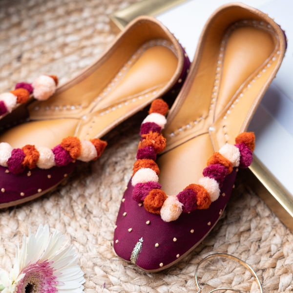 Maroon Pompom Jutti with Knot Detailing