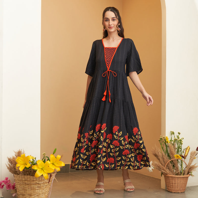 Buy Black V Neck Floral Tiered Dress Rustorange