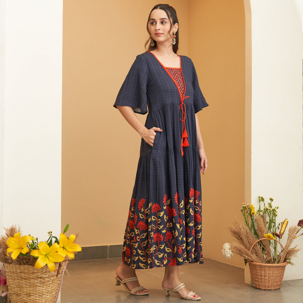 Navy Blue V Neck Floral Tiered Dress
