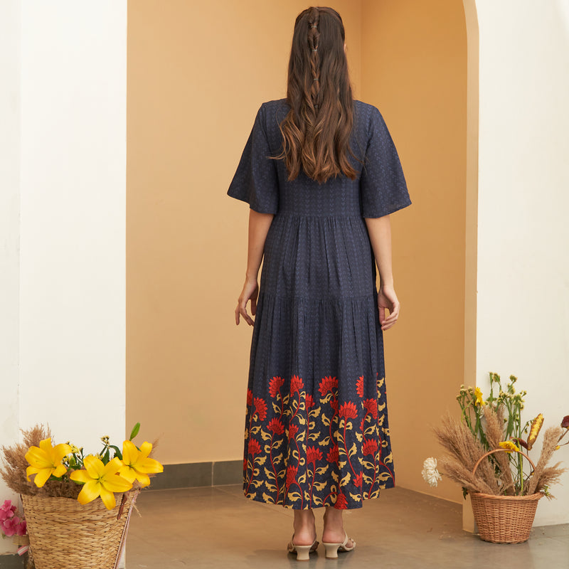 Navy Blue V Neck Floral Tiered Dress