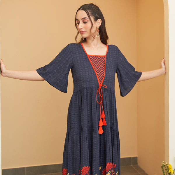 Blue Floral Print Tassel Tie V Neck Long Sleeve Flowy Long Dress