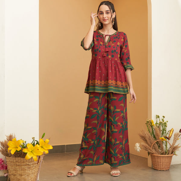 Maroon Leaf Printed Peplum Top and Pant Set
