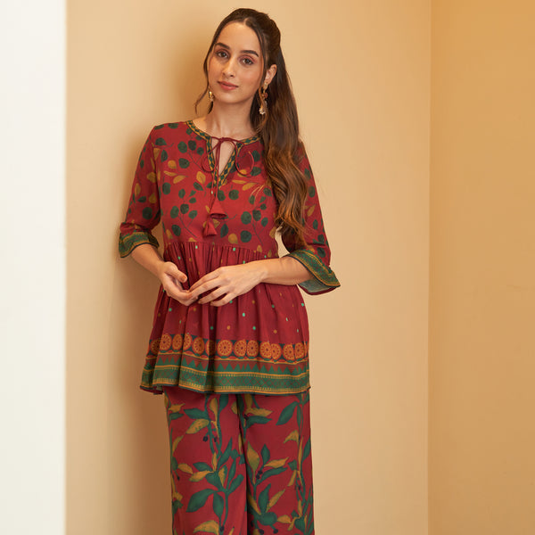 Maroon Leaf Printed Peplum Top and Pant Set