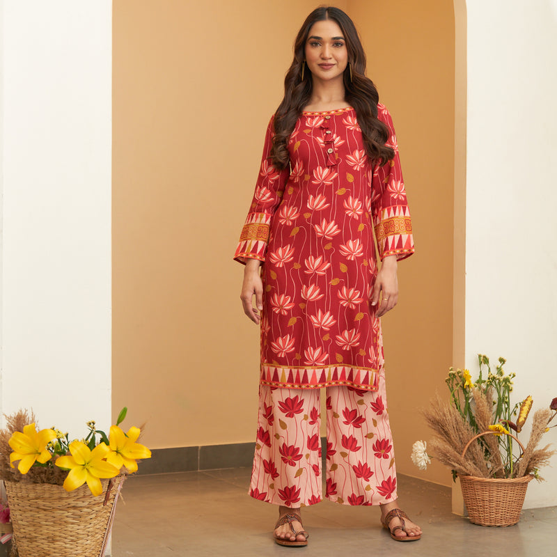 Maroon Pink Lotus Print Kurta Pant Set