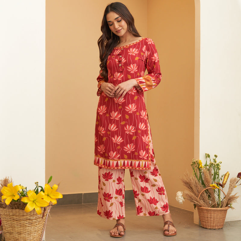 Maroon Pink Lotus Print Kurta Pant Set