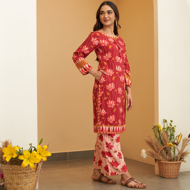 Maroon Pink Lotus Print Kurta Pant Set