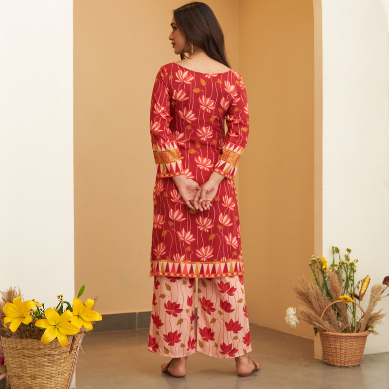 Maroon Pink Lotus Print Kurta Pant Set