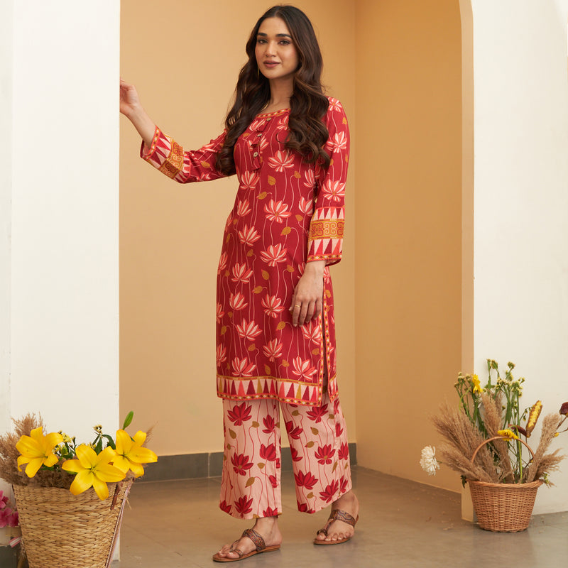Maroon Pink Lotus Print Kurta Pant Set