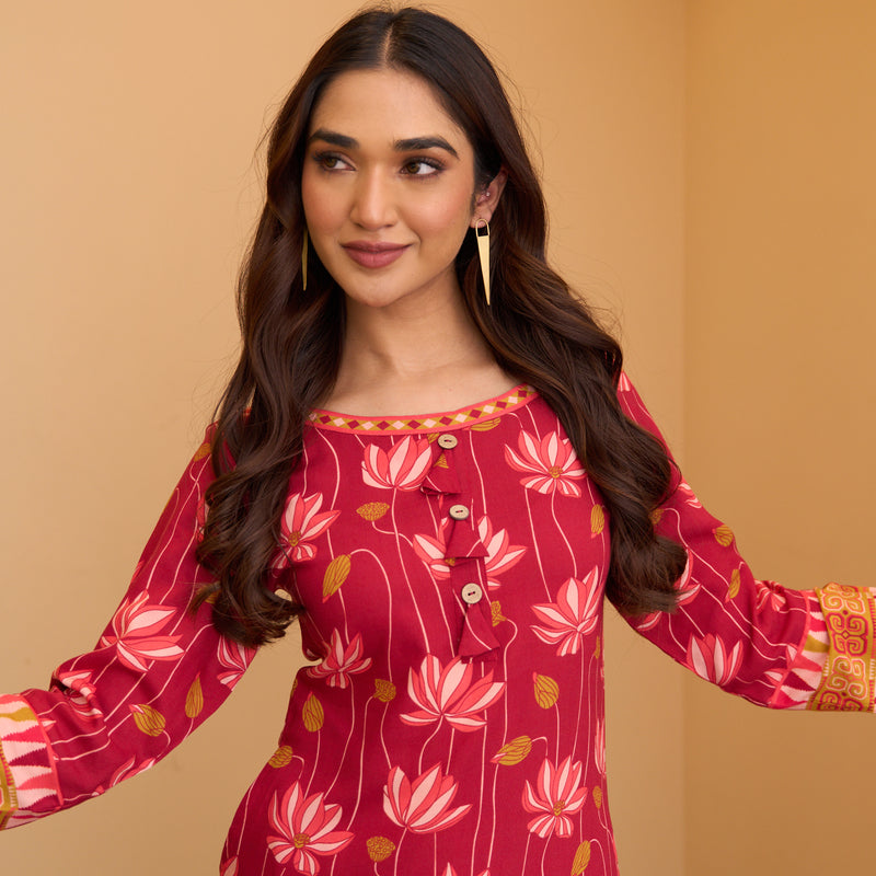 Maroon Pink Lotus Print Kurta Pant Set