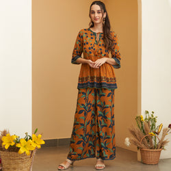 Rust Leaf Printed Peplum Top and Pant Set