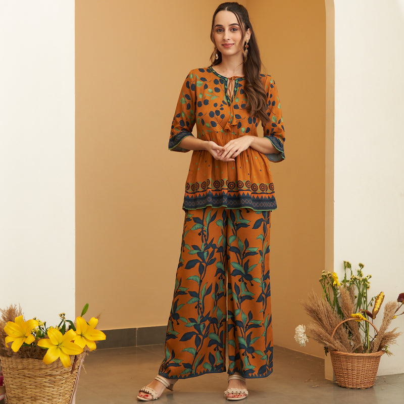 Rust Leaf Printed Peplum Top and Pant Set