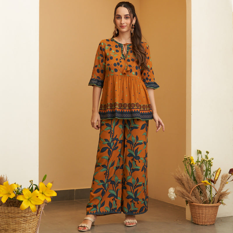 Rust Leaf Printed Peplum Top and Pant Set