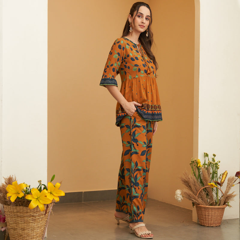 Rust Leaf Printed Peplum Top and Pant Set