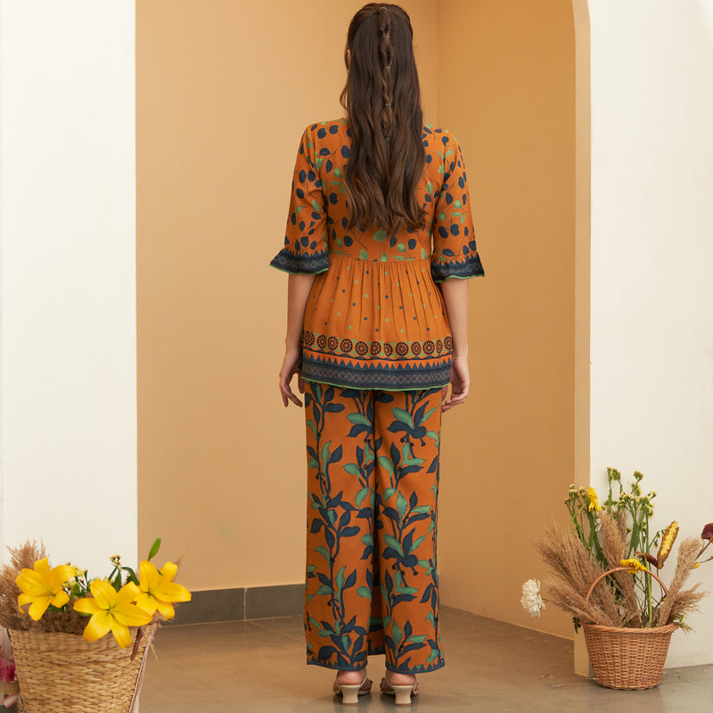 Rust Leaf Printed Peplum Top and Pant Set