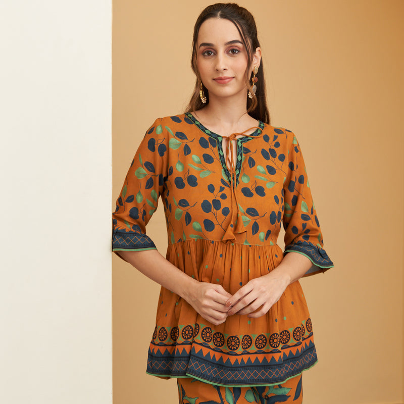 Rust Leaf Printed Peplum Top and Pant Set