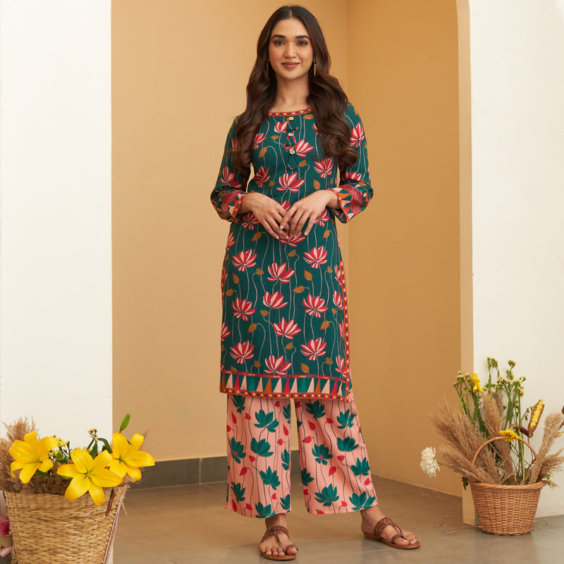 Turquoise Pink Lotus Print Kurta Pant Set