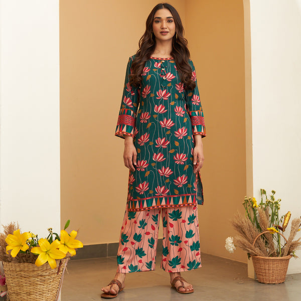 Turquoise Pink Lotus Print Kurta Pant Set