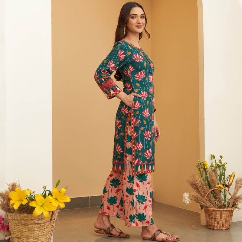 Turquoise Pink Lotus Print Kurta Pant Set