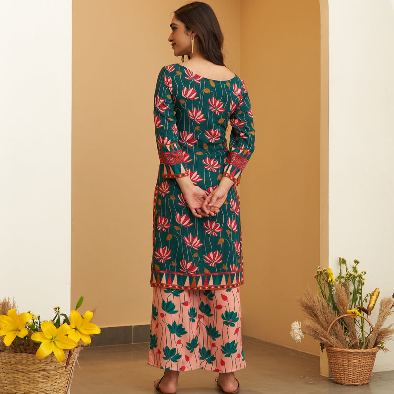 Turquoise Pink Lotus Print Kurta Pant Set