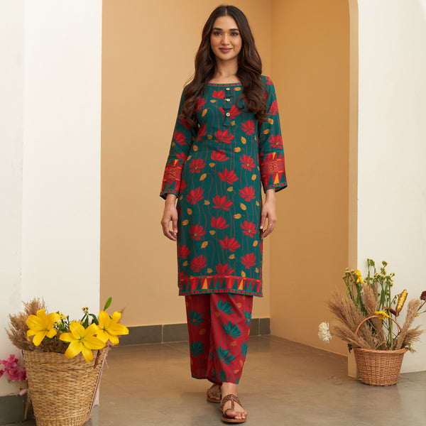 Turquoise Maroon Lotus Print Kurta Pant Set