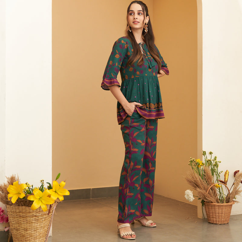 Green Leaf Printed Peplum Top and Pant Set