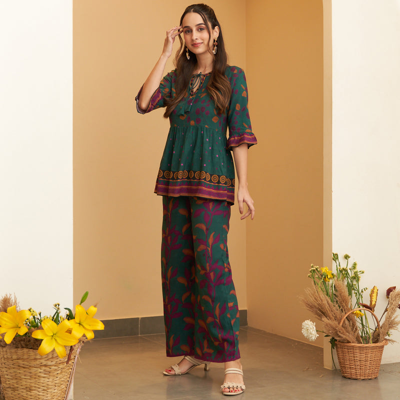 Green Leaf Printed Peplum Top and Pant Set